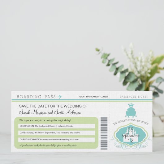 Kikker Prince Save the Date Boarding Pass (Staand voorkant)