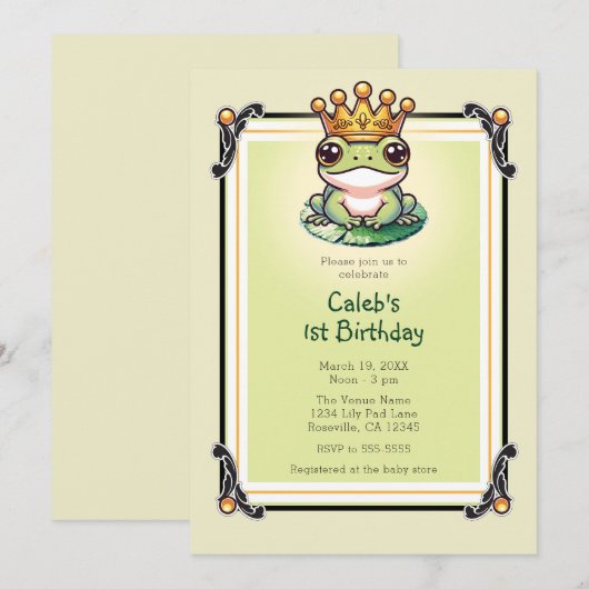 Kikker Prins in Gouden Kroon 1E Verjaardagsfeest Kaart (Voorkant / Achterkant)