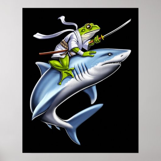 Kikker Samurai Ninja Riding Shark Poster (Voorkant)