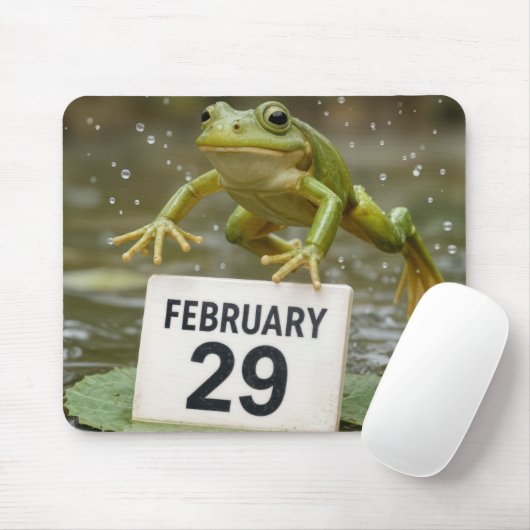 Kikker springt over 29 februari datum muismat (Met muis)