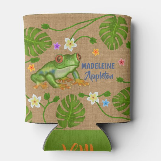 Kikker tropische bladeren bloemen | Persoonlijke n Blikjeskoeler (Achterkant)