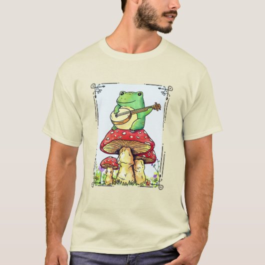 Kikker van de katoenkern met champignon die banjo  t-shirt (Voorkant)