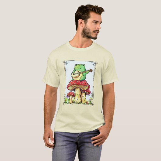 Kikker van de katoenkern met champignon die banjo  t-shirt (Voorkant volledig)