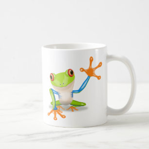 Kikker van kleurrijke roodgekleurde boomkikker die koffiemok