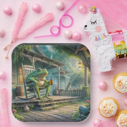 Kikker zittend in een veranda schommelstoel papieren bordje (Feest)