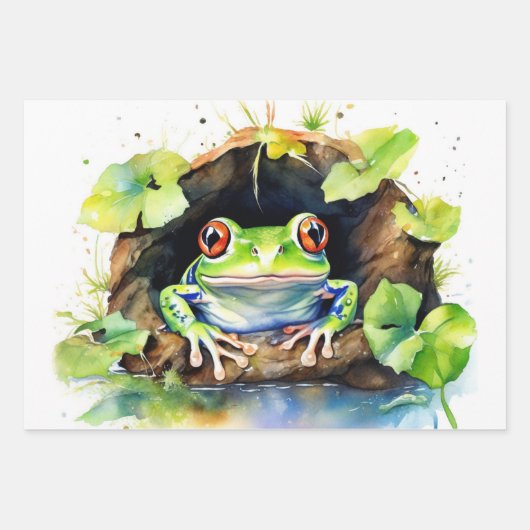 Kikker Zittend op Waterverf Lily Pad Inpakpapier Vel (Voorkant 3)