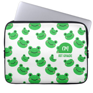 Kikkergelukkig Gezicht Patroon Groene Monogram Sch Laptop Sleeve