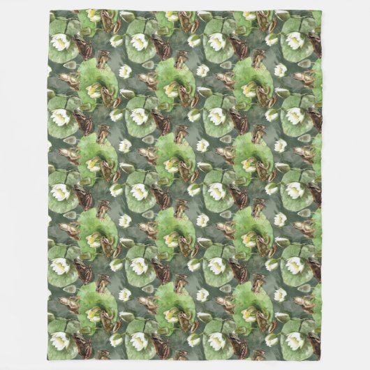 Kikkergroen en wit waterlelingenpatroon fleece deken (Voorkant)