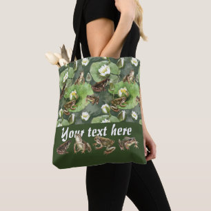 Kikkergroen en wit waterlelingenpatroon tote bag