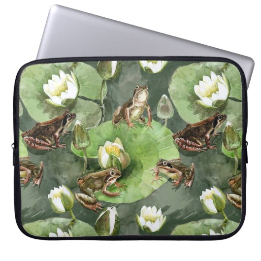 Kikkergroen en witte waterlib laptop sleeve (Voorkant)