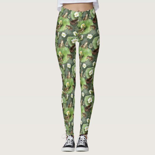 Kikkergroen en witte waterlib leggings (Voorkant)