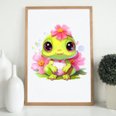 Kikkerkamer Decor Schattige Froglet met roze bloem Poster