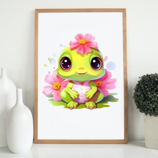 Kikkerkamer Decor Schattige Froglet met roze bloem Poster