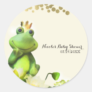Kikkerprins groene en gouden babyshower aangepast  ronde sticker
