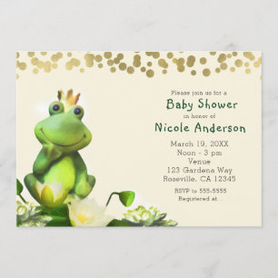 Kikkerprins groene en gouden babyshower uitnodigin kaart