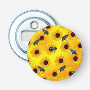 "Kikkers en Zonnebloemen: een speels Natuur-patroo Button Flesopener
