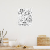 Kikkers in boombladeren zwart wit inkt kunst poster (Keuken)