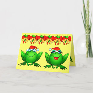 Kikkers met Kerstmutsen en Bellen Feestdagen Kaart