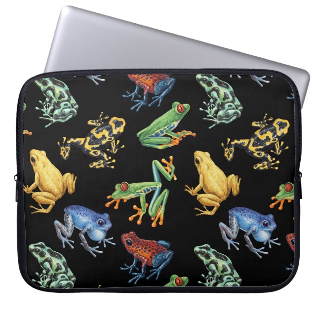 Kikkers op zwart laptop sleeve (Voorkant)