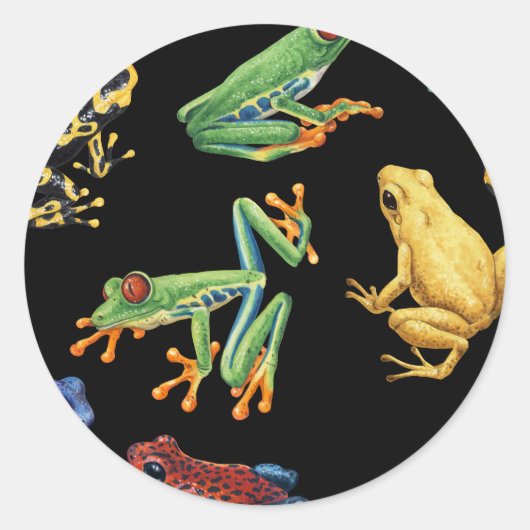 Kikkers op zwart ronde sticker (Voorkant)