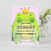 Kikkerthema 1e verjaardagsfeestje kinderen kaart (Staand voorkant)
