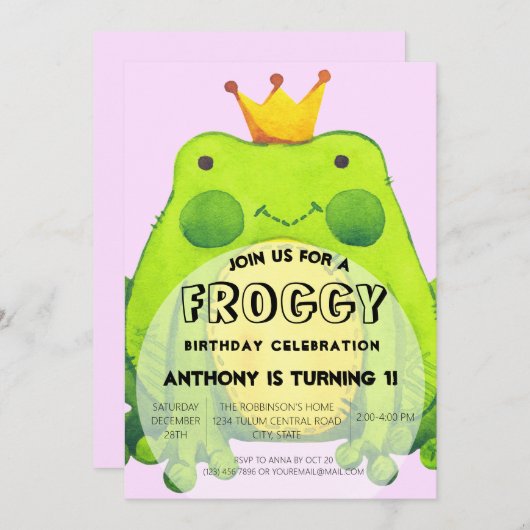 Kikkerthema 1e verjaardagsfeestje kinderen kaart (Voorkant / Achterkant)