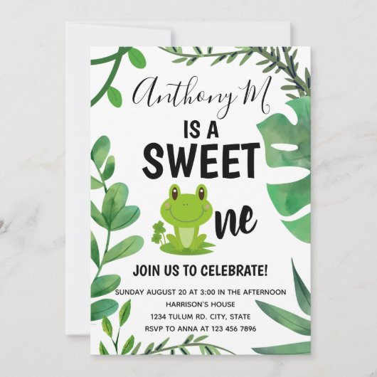 Kikkervis feestje 1e verjaardag kikker thema kaart (Voorkant)