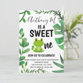 Kikkervis feestje 1e verjaardag kikker thema kaart (Staand voorkant)