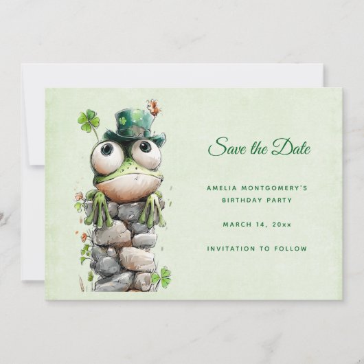 Kikkervis met groene hoed en klavertje vier schatt save the date (Voorkant)