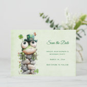 Kikkervis met groene hoed en klavertje vier schatt save the date (Staand voorkant)