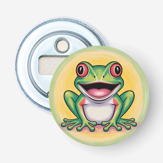 Kikkervis zachte glimlach button flesopener (Voorkant)