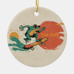 Kikkervisje Vibes – Retro Surf Skate Kikker Kunst Keramisch Ornament