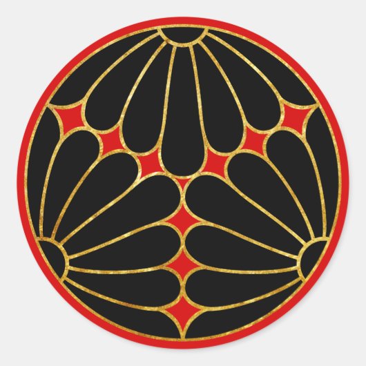 Kiku Chrysanthemum Mon faux gold black on red Ronde Sticker (Voorkant)