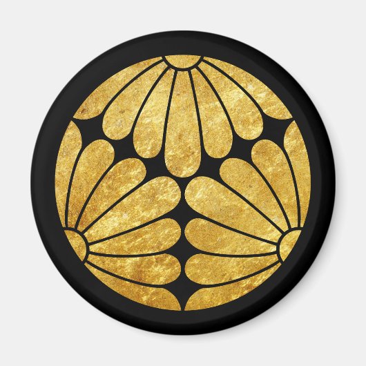 Kiku Chrysanthemum Mon faux gold in zwart Magneet (Voorkant)