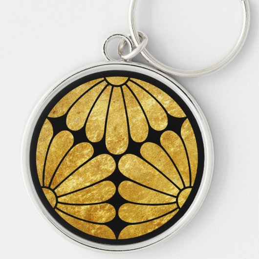 Kiku Chrysanthemum Mon faux gold in zwart Sleutelhanger (Voorkant)