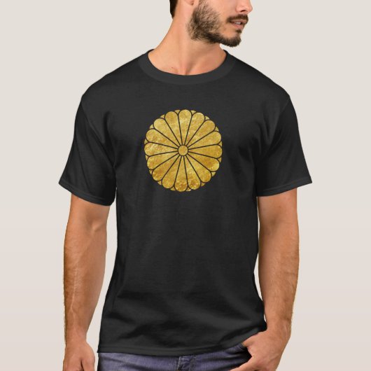 Kiku Chrysanthemum Mon faux gold in zwart T-shirt (Voorkant)
