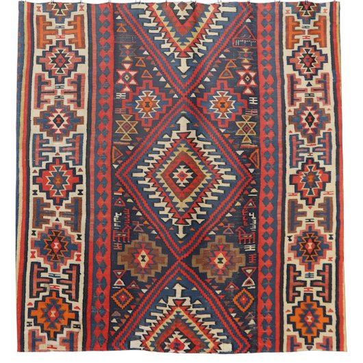 Kilim Aztec Red Blue Tan Douchegordijn (Voorkant)