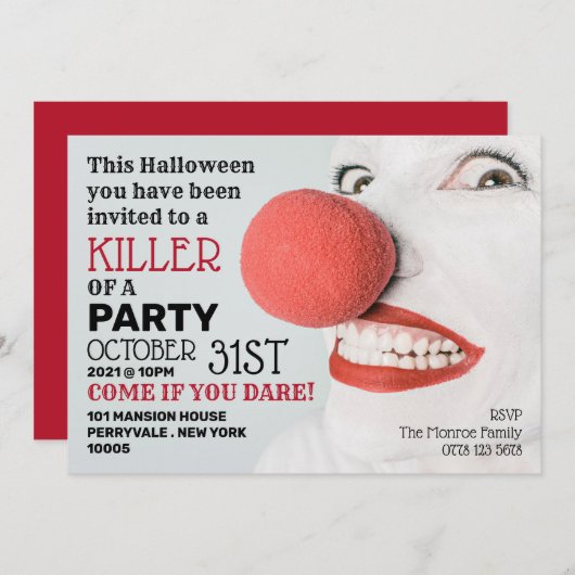 Killer Clown, uitnodiging van Halloween Party (Voorkant / Achterkant)