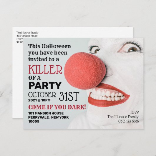 Killer Clown, uitnodiging van Halloween Party (Voorkant / Achterkant)