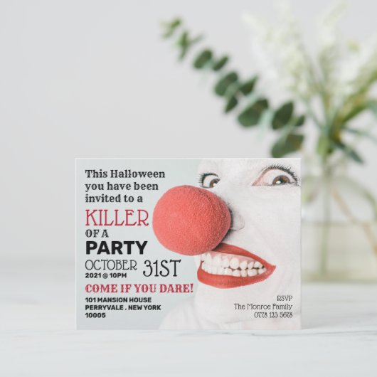 Killer Clown, uitnodiging van Halloween Party (Staand voorkant)
