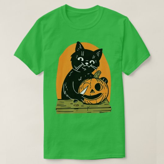Killer Halloween Scary Black Cat With Knife Pumpki T-shirt (Design voorkant)