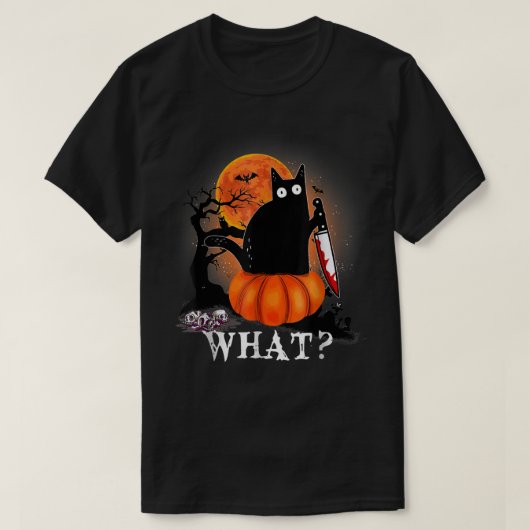 Killer Halloween Scary Moon Black Cat met mes P T-shirt (Design voorkant)