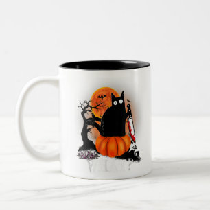 Killer Halloween Scary Moon Black Cat met mes P Tweekleurige Koffiemok