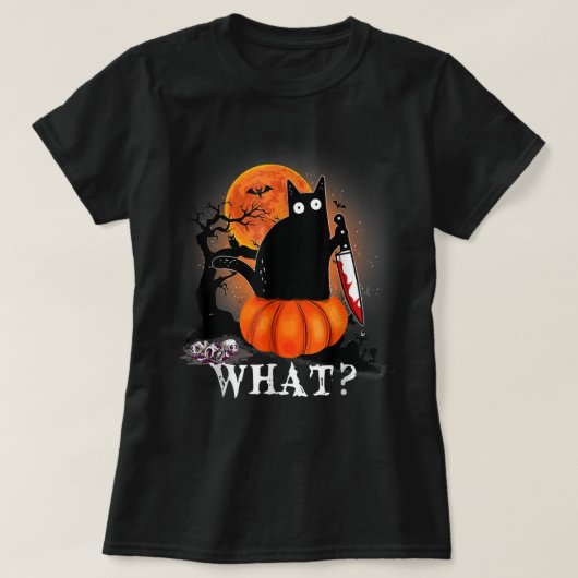 Killer Halloween Scary Moon Black Cat With Knife P T-shirt (Design voorkant)