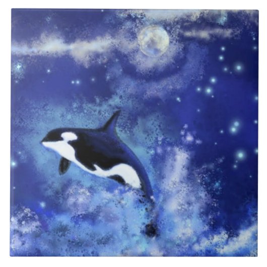 Killer Whale Ceramic Tegel Blue Volle Moon Tegeltje (Voorkant)