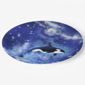 Killer Whale on Full Moon - Kunsttekening - Blauw Papieren Bordje (Gekanteld)