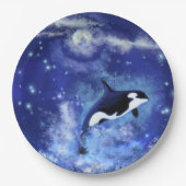 Killer Whale on Full Moon - Kunsttekening - Blauw Papieren Bordje (Voorkant)