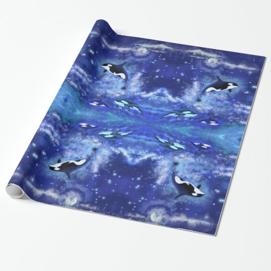 Killer Whale op Full Moon Wrapping Paper Cadeaupapier (Uitgerold)