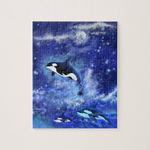 Killer Whales die zwemmen op Full Moon Jigzaag Puz Legpuzzel