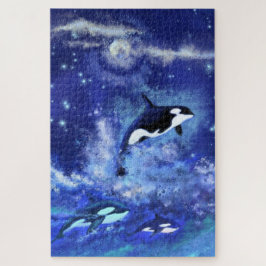 Killer Whales die zwemmen op Full Moon Puzzle Gift Legpuzzel